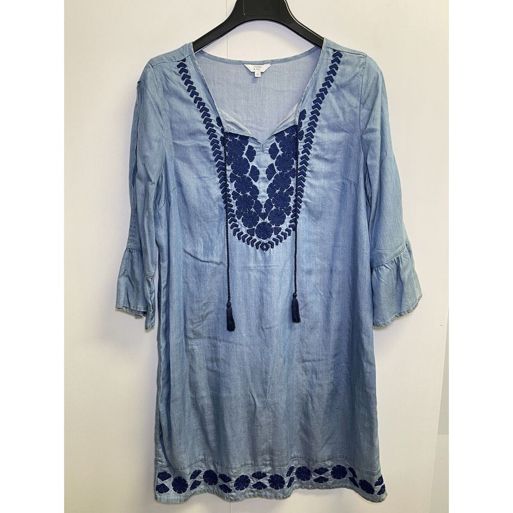 Crown‎ & Ivy Dress Women's 10 Blue Long Bell Sleeve Embroidered Tie Scoop Neck